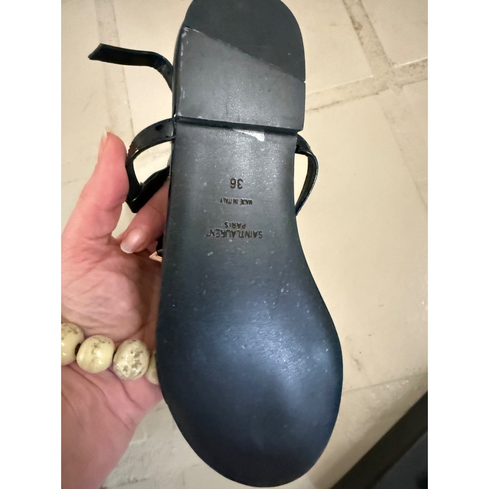 Saint Laurent Cassandra Black Patent Leather YSL Logo Flat Sandals Size 36 - Picture 3 of 5